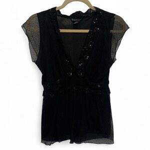 Y2K Coolwear Black Lace Beaded V Neck Cap Sleeve Top